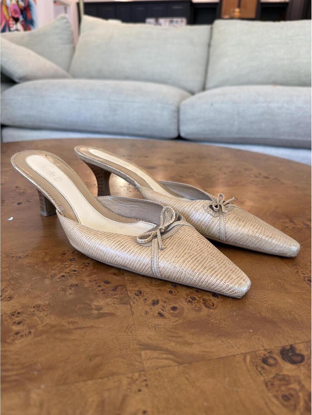 Michelle D Beige Textured Slingback  Mule Heels